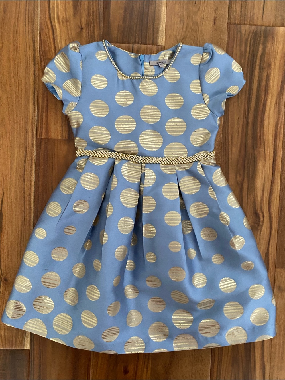 Girls' Light Blue Dress with Metallic Gold Polka Dots and Braided Belt